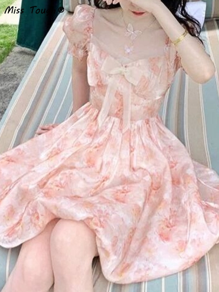 Summer Chiffon Printing Bow Sweet Dress Women Designer Bandage Backless Kawaii Dress Female Korean Glitter Cute Mini Dress 2022