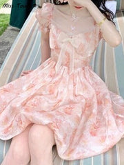 Summer Chiffon Printing Bow Sweet Dress Women Designer Bandage Backless Kawaii Dress Female Korean Glitter Cute Mini Dress 2022