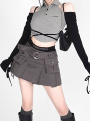 Lizakosht Denim Cargo Skirt Women Vintage High Waist Pocket Belt Pleated Mini Skirt Sexy Fake Two-piece Patchwork Streetwear Y2k