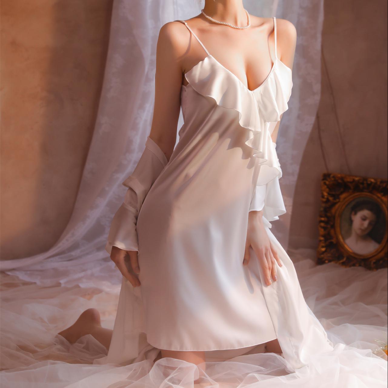 Lizakosht Twinset White Robe Set Bride Sexy Kimono Bathrobe Gown Suit Sleepwear Nightgown Spring Summer Silky Satin Home Dress Lounge Wear