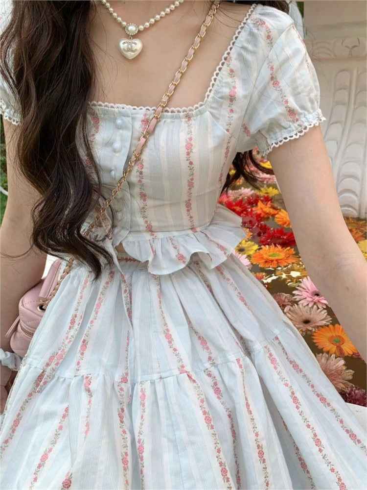 Lizakosht Summer Korean Ruffles Fairy 2 Pieces Set Vintage Women Square Collar Princess Kawaii Floral Print Blouse+High Waist Skirts Suits