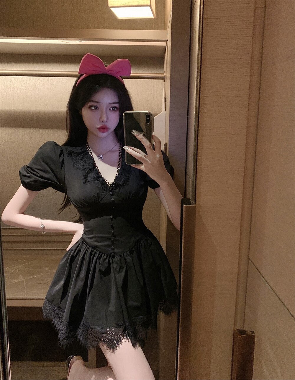 V-neck Lace Princess Dress Sexy Women's Summer Mini Dress 2022 Black High Waist  Slim Puffy Short Sleeve Party Dress Robe Femme