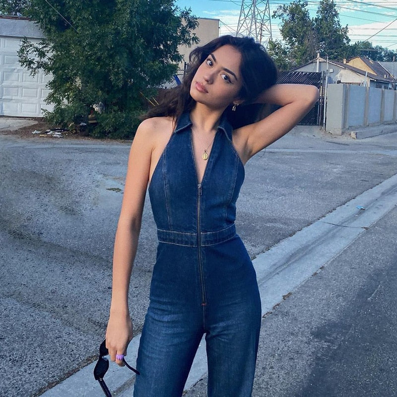 Lizakosht Weird Puss Cotton Elegant Denim Jumpsuit Women Sleeveless Zipper Fashion Hipster Casual High Street Wide Legs Activewear Outfits