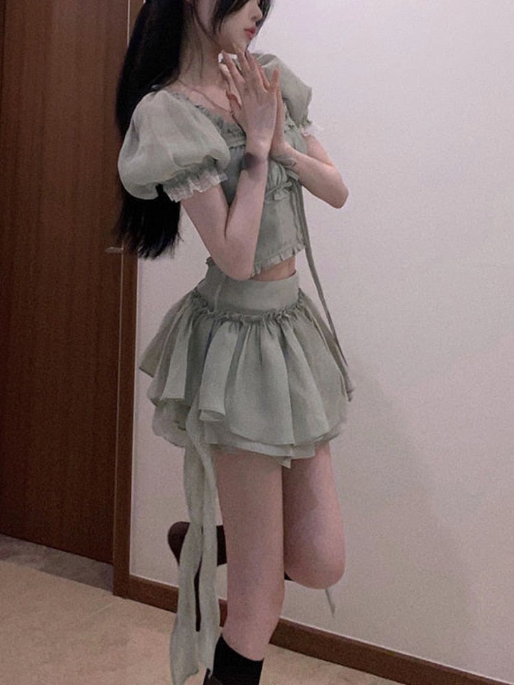 Lizakosht Green France Sweet Two Piece Set Women Summer Korean Style Mini Skirt Suit Female Elegant Puff Sleeve Tops＋Irregular Skirts