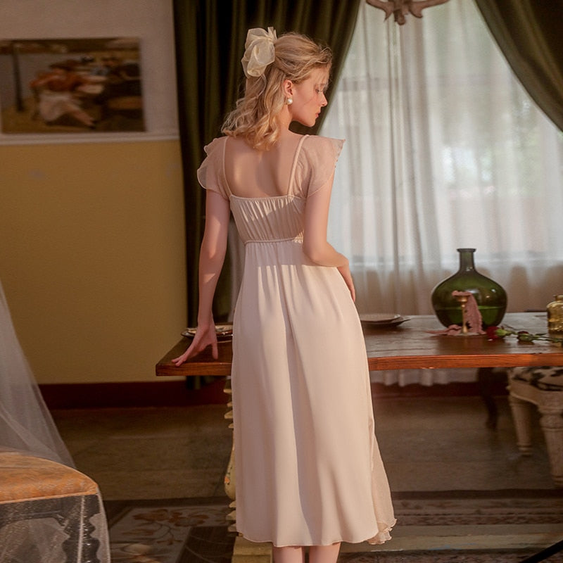 Lizakosht Nightdress New Spring Autumn Women Elegant Holiday Dresses Puff Sleeve Slash Neck Off Shoulder Smocked Apricot color Dresses