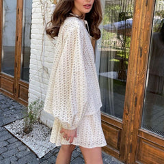 Lizakosht Autumn Elegant Hollow Out Two Piece Skirt Set Y2K INS Clothes Outfits Long Puff Sleeve Shirt Top Pleated Skirt Boho Outfits