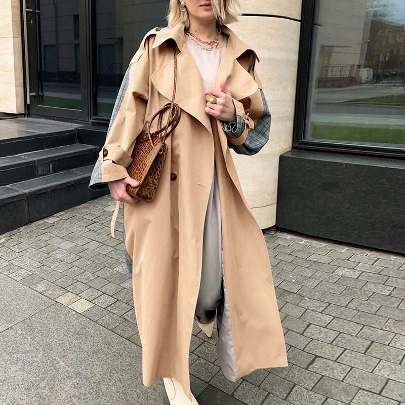 Lizakosht Causal Light Tan Fashion Autumn Winter Trench  Windbreaker Split Joint Elegant Long Sleeve Coat Plaid Long Women Coat with Belt