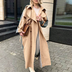 Lizakosht Causal Light Tan Fashion Autumn Winter Trench  Windbreaker Split Joint Elegant Long Sleeve Coat Plaid Long Women Coat with Belt