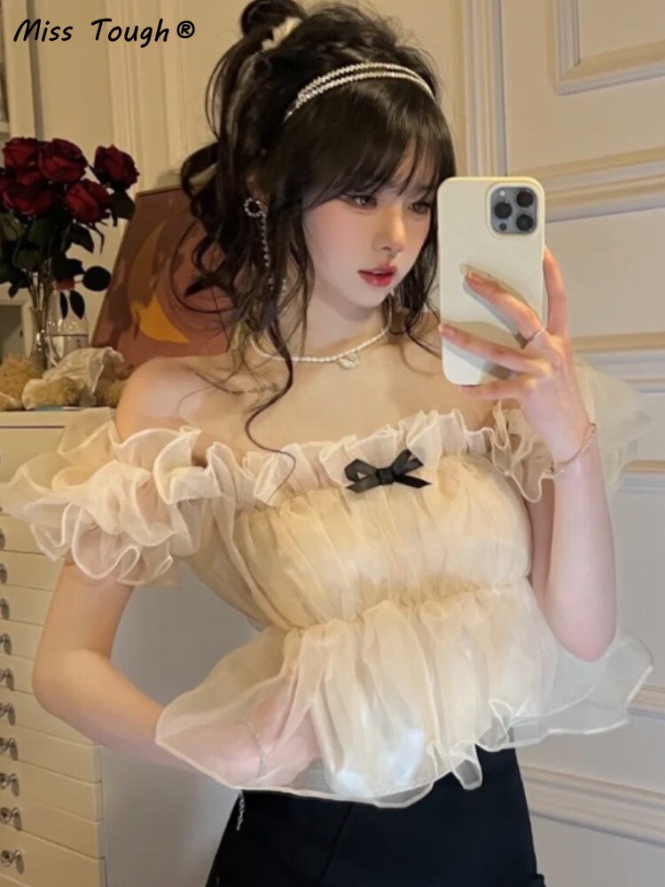 Summer Chiffon Bow Sweet Blouses Women Designer Puff Sleeve Princess Blouses Female Korean Fashion Lace Fit Party Blouse 2022