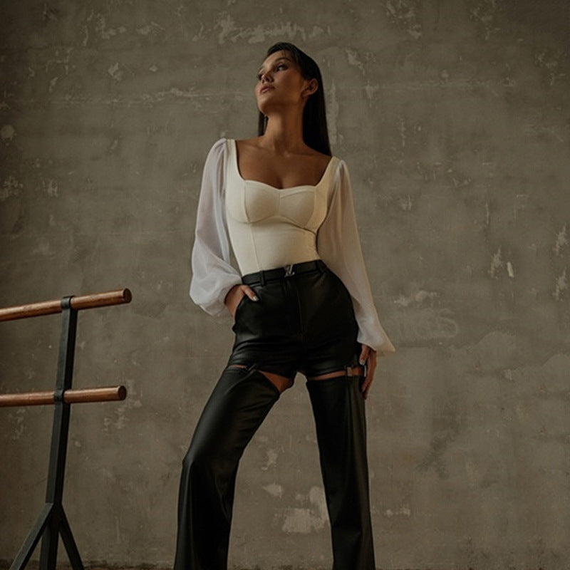 Cryptographic Elegant Lantern Sleeve Bodysuit Fashion Outfits for Women Tops One Piece Overalls Square Collar Bodysuit Clothes