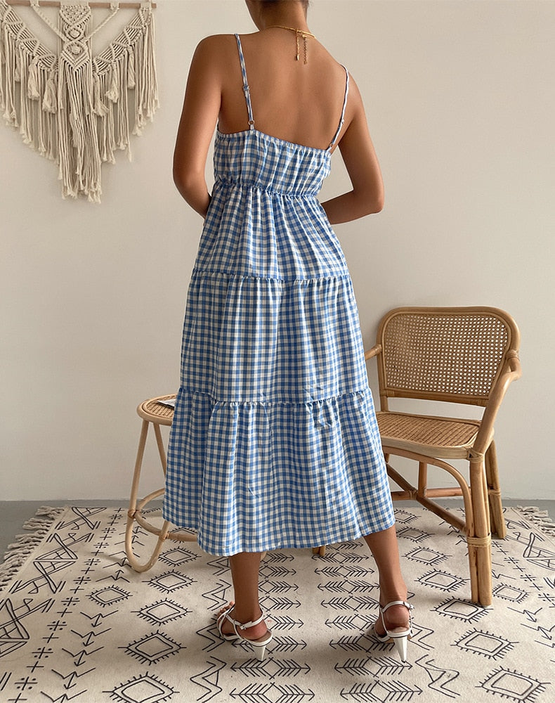 Lizakosht Summer New Women's Clothing Mid-length Light Mature Fashion Plaid Polyester Dress Suspenders Large Swing Skirt