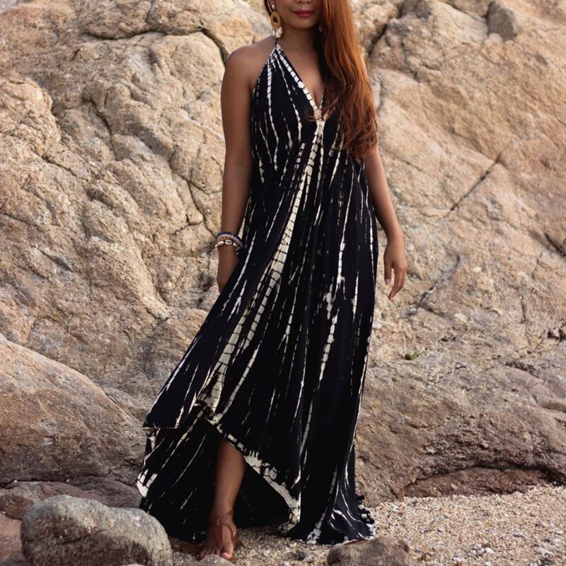 Lizakosht  Vintage Embroidered Kaftan Casual Cover-ups Sexy Summer Clothing Deep V-neck Woman Beach Wear Swim Suit Cover Up A1407