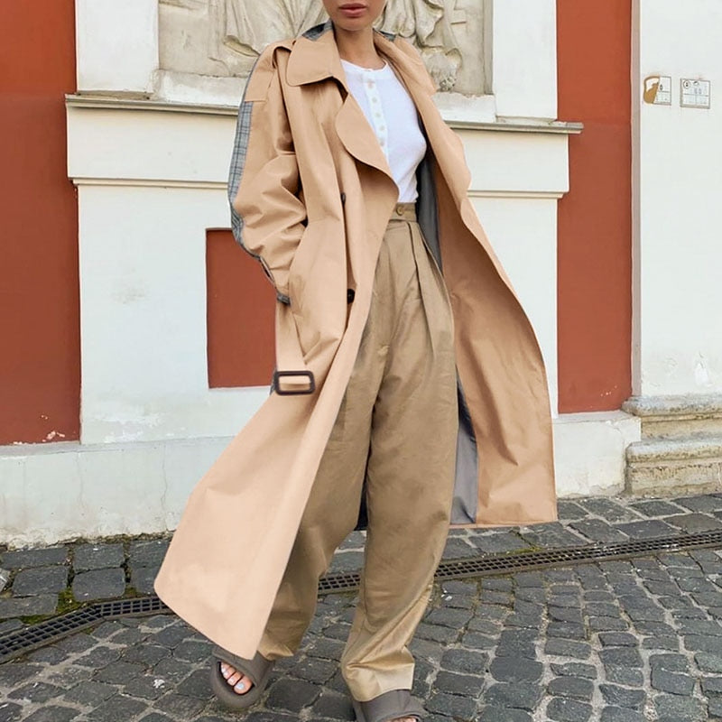 Lizakosht Causal Light Tan Fashion Autumn Winter Trench  Windbreaker Split Joint Elegant Long Sleeve Coat Plaid Long Women Coat with Belt