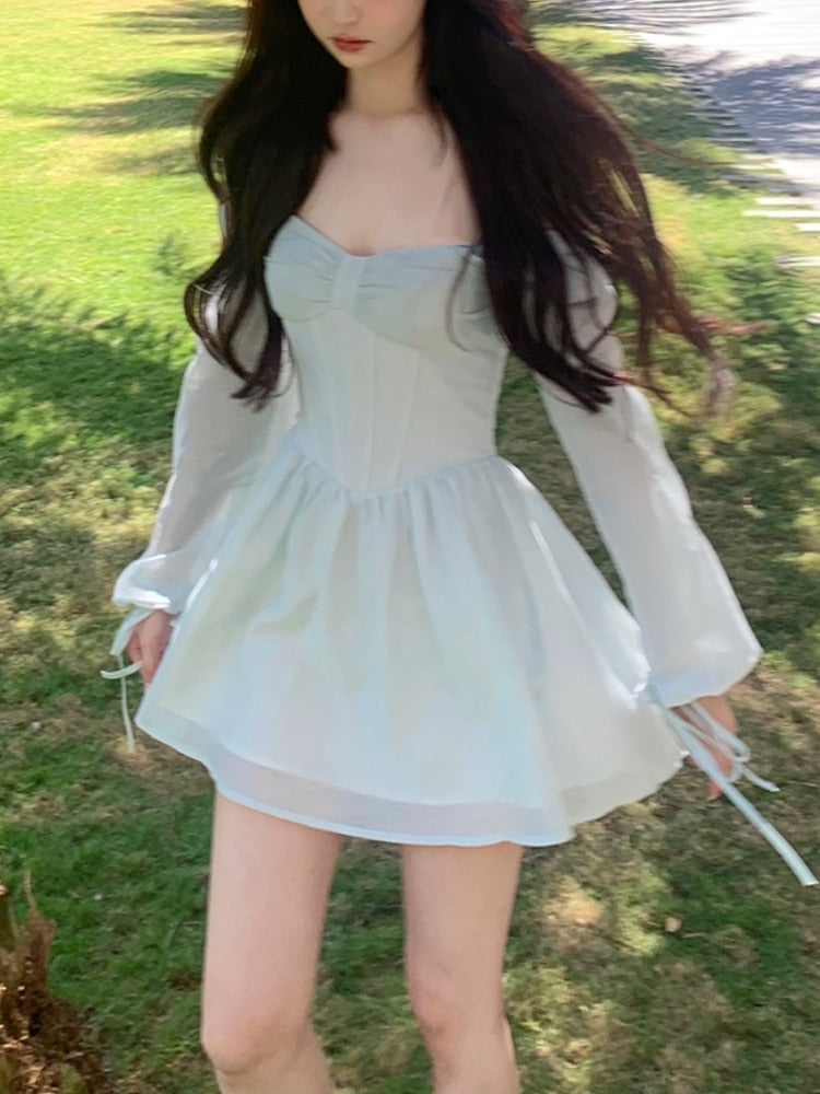 Lizakosht  Summer Pure Color Short Party Dress Woman Long Sleeve Sweet Y2k Mini Dress Casual Elegant One Piece Dress Korean Design