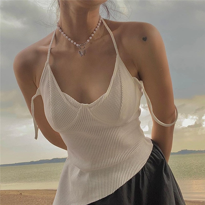 Lizakosht White Sleeveless Vest Sexy Solid Temperament Slim Fit Irregular Halter Camisole Lace Up Summer Sling Tops Koean Fashion Sweet