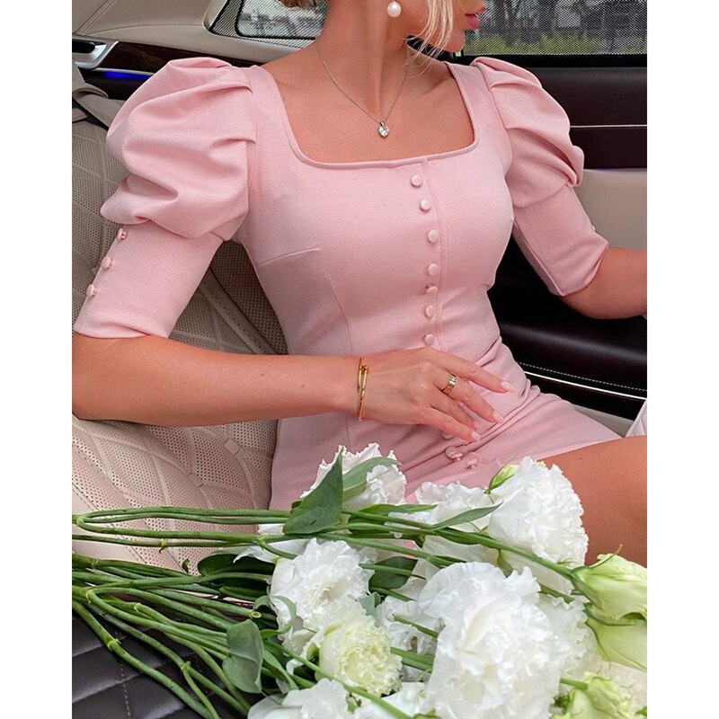 Lizakosht Women Fashion Party Club Dress Robes Formal Women Sexy Slim Fit Square Neck  Bodycon Mini Dress