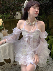 Lizakosht Summer Chiffon Floral Lace Princess Sets Women Halter Collar Sweet Two Piece Set Female Casual Kawaii Party Mini Skirt Sets