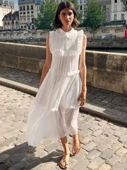 Lizakosht Daily Holiday Style Small Pure White Organic Cotton Sleeveless Dress with Wooden Ears