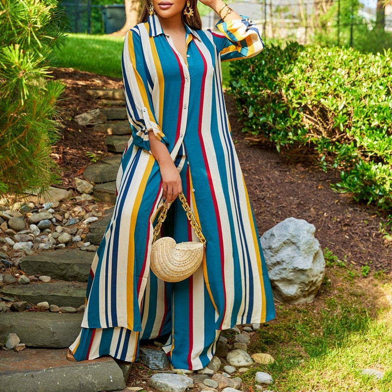 Fashion Lapel Buttoned Long Sleeve Tops & Straight Pants Suit Women Striped Printed 2 pcs Outfits Autumn Casual Loose Office Set
