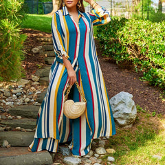Fashion Lapel Buttoned Long Sleeve Tops & Straight Pants Suit Women Striped Printed 2 pcs Outfits Autumn Casual Loose Office Set
