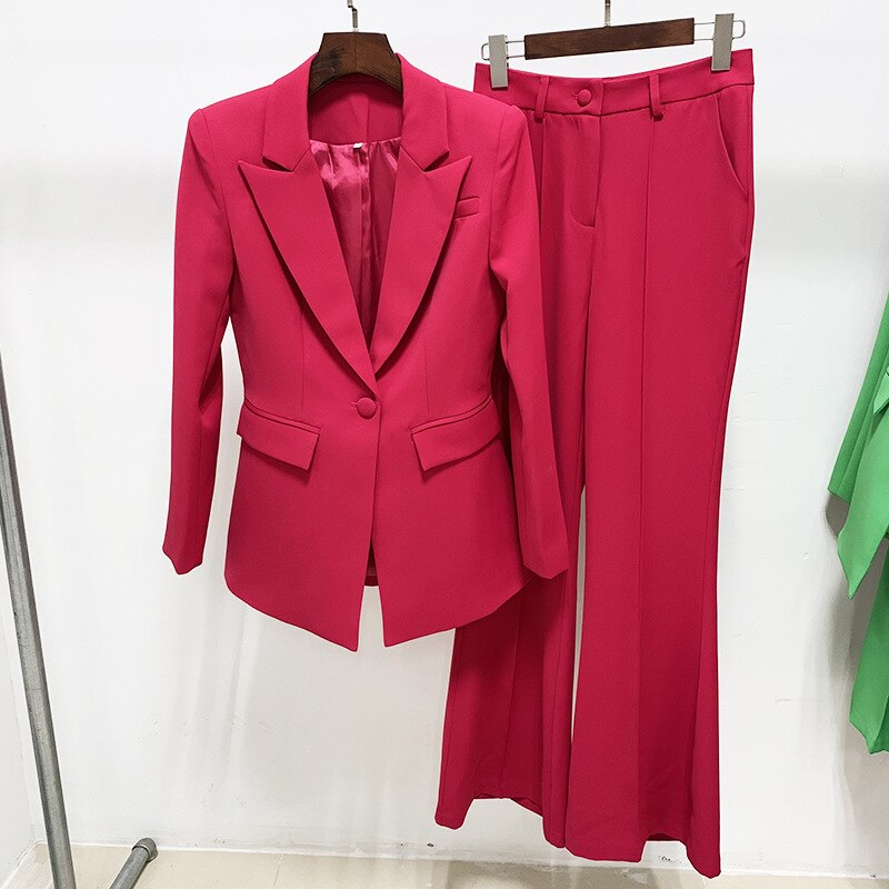Lizakosht Blazer Pants Suit Two Piece Set Office Ladies Women Color Match Business Single Button Flared Pants Blazer Pants Formal Suit