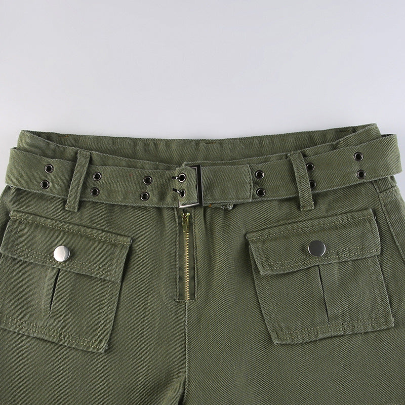 Lizakosht Summer Pocket Stitching Overalls Casual Shorts Women's Summer Belt Low Waist Jeans Hot Pants