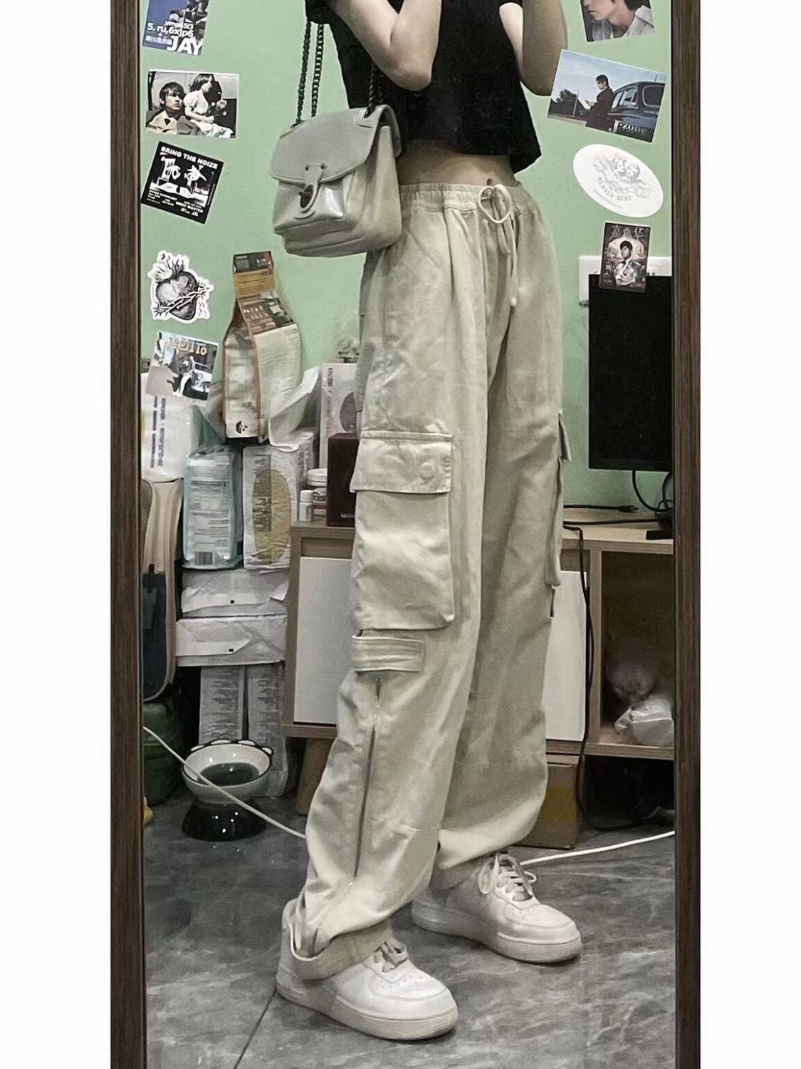 Retro Couples Straight New Oversized Pocket Cargo Pants Girls Casual Pants Streetwear Wide Leg Pants Apricot Cargo Pants