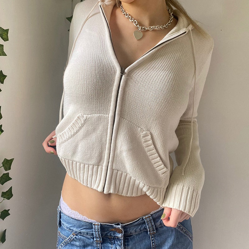 Lizakosht Y2K Vintage Zip Up Cardigans Hooded Preppy Cute Retro Knitted Sweater Autumn Winter Long Sleeve Casual Knitwear Outwear