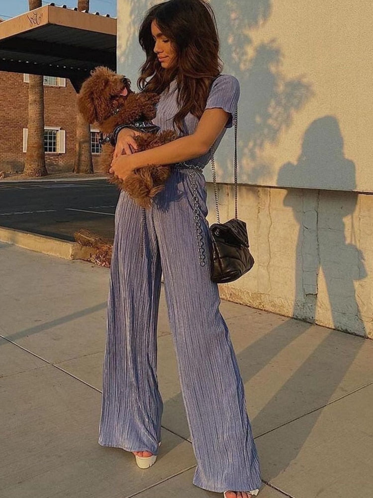 Lizakosht 2 Piece Sets Women Outfits Autumn Short Sleeve Shirts Tops And Wide Legs Pants Femme High Street Matching Sets