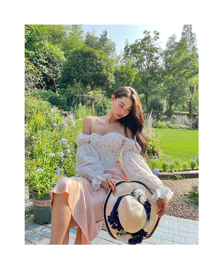 One Shoulder Long Bubble Sleeve Floral Shirt Spring Summer Top Women's Design Sense Niche Short Lining Aesthetic Clothes Kawaii
