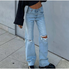 Lizakosht High Waist Baggy Straight Jeans Mom Streetwear Ripped Hole Distressed Denim Pants Vintage Women Casual Tassels Wide Leg Trousers
