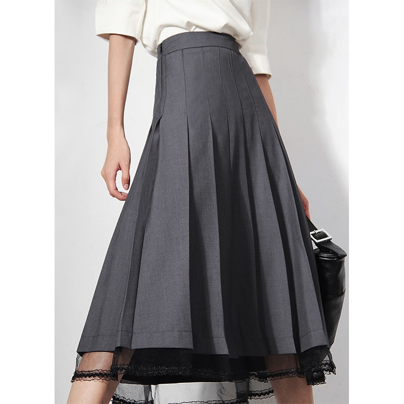 Lizakosht Women's Skirts  New Grey Lace Stitching Pleated High Waist A-Line Midi Skirts Commuter Free Shipping