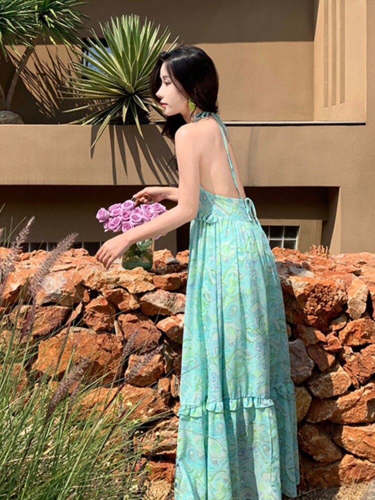 Lizakosht Maxi Bohemian Dresses Woman Summer Green Strappy Sundress Female Fashion Casual Long Beach Sundress Chic Printed Boho Dress