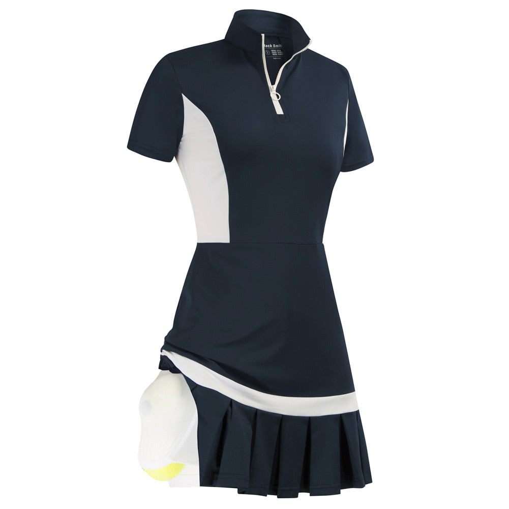 JS Women Mini Dress Tennis & Golf Contrast Color Sports Dress Fashion Summer New Short Sleeve Zipper Stand Collar Dress + Boxer