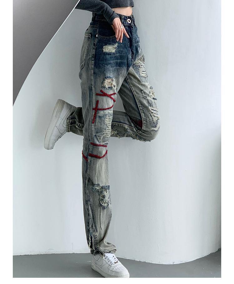 Contrast color straight ripped jeans for women y2k streetwear niche design hiphop high waisted jeans women 2022 summer plus size