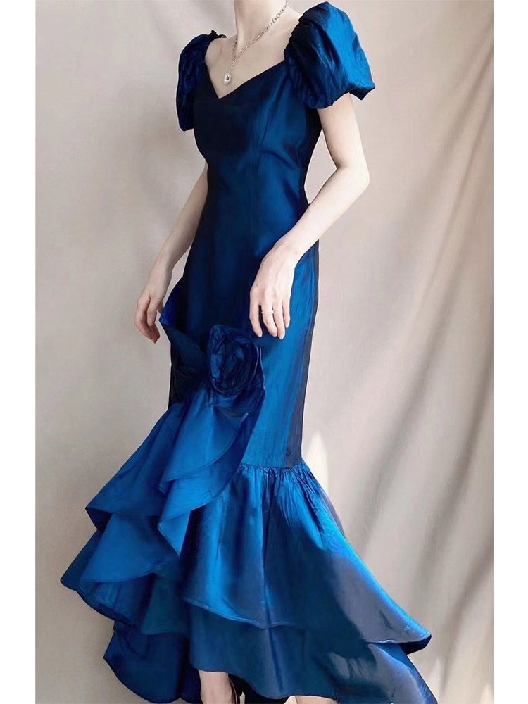 Lizakosht Women Floral Midi Dress Sexy V-Neck Hem Split Ruffles Vintage Evening Party Dresses Women Puff Sleeve Casual Dress Fashion New