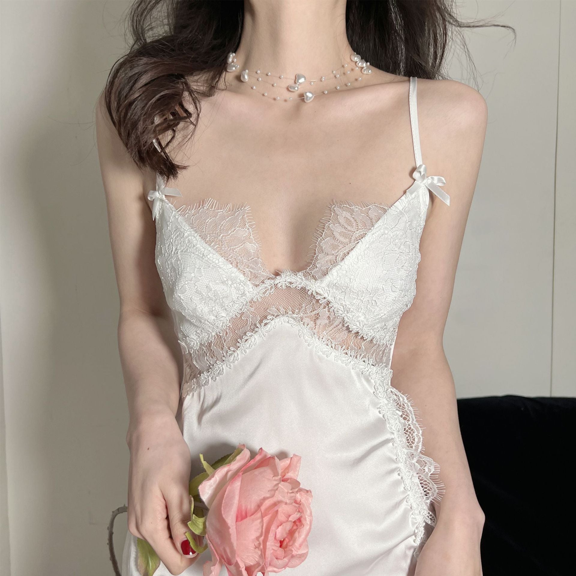 Lizakosht Sexy Lace Strap Nightgown Women Long Nightdress Silky Satin Gown Home Dress Summer Nighty Robe Sleepshirt Backless Sleepwear