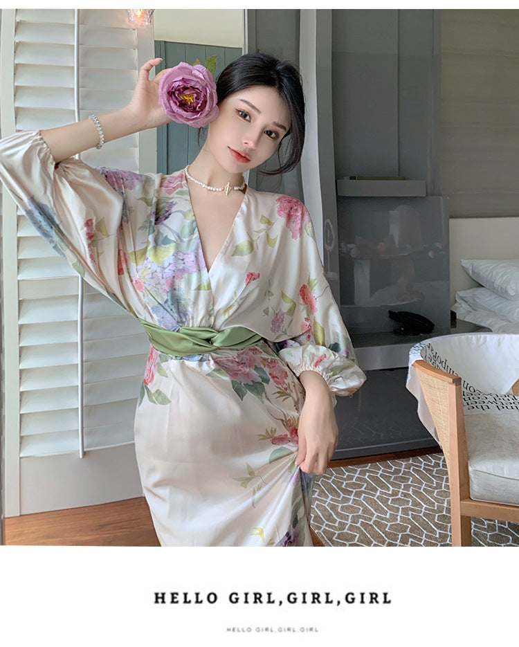 Hstar Oriental Classical Beauty Temperament Retro Ink Printing V-neck Women 2022 Summer Slim Long Elegant Dress robe traf boho