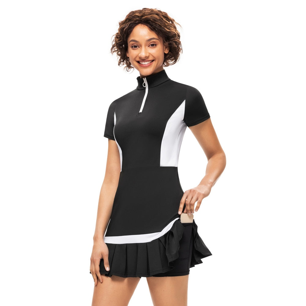 JS Women Mini Dress Tennis & Golf Contrast Color Sports Dress Fashion Summer New Short Sleeve Zipper Stand Collar Dress + Boxer