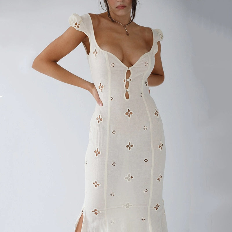 Lizakosht Sexy Hollow Out Midi Dress for Women Summer Elegant Chic V-Neck Slim Party Dress White Short Sleeve Casual Dress