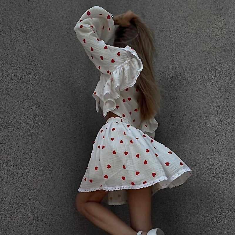 Lizakosht Home Suit Women Pajamas Cotton Linen Top Skirt Set Summer Strawberry Pattern Ruffle Long Sleeve Button Blouse Mini Skirt Outfits