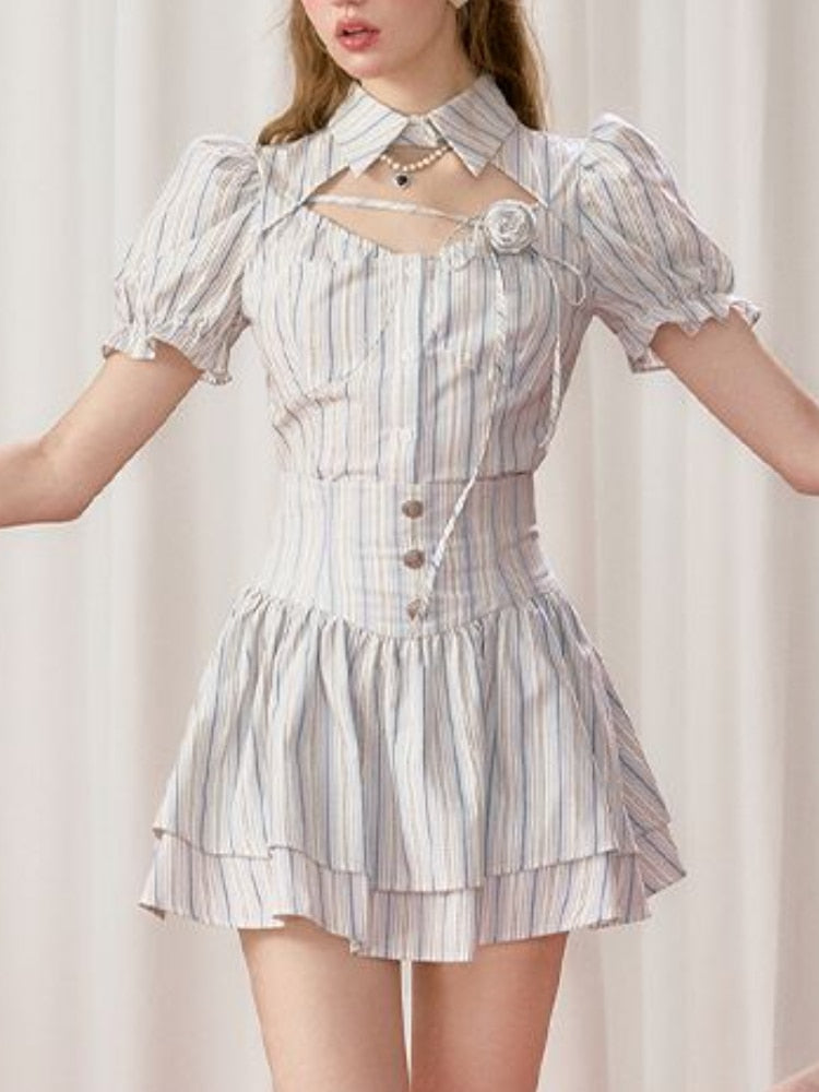 Lizakosht Striped France Vintage Two Piece Set Women Floral Elegant Party Cake Skirt Suit Female Korean Puff Sleeve Sweet Set Summer