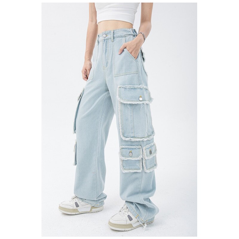 Lizakosht Women's Trendy High Street Baggy Cargo Jeans Straight Pants Tassel Wide Leg High Waist  Denim Trouser Y2k  Streetwear Harajuku