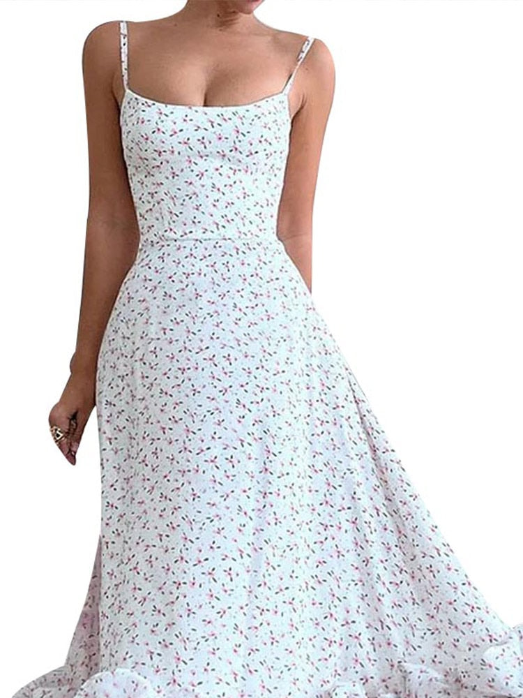 Lizakosht Printed Ruffles Suspended Dress Women Fashion Sleeveless Backless Flower A-line Dresses Summer Female Elegant Robes
