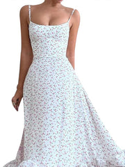 Lizakosht Printed Ruffles Suspended Dress Women Fashion Sleeveless Backless Flower A-line Dresses Summer Female Elegant Robes