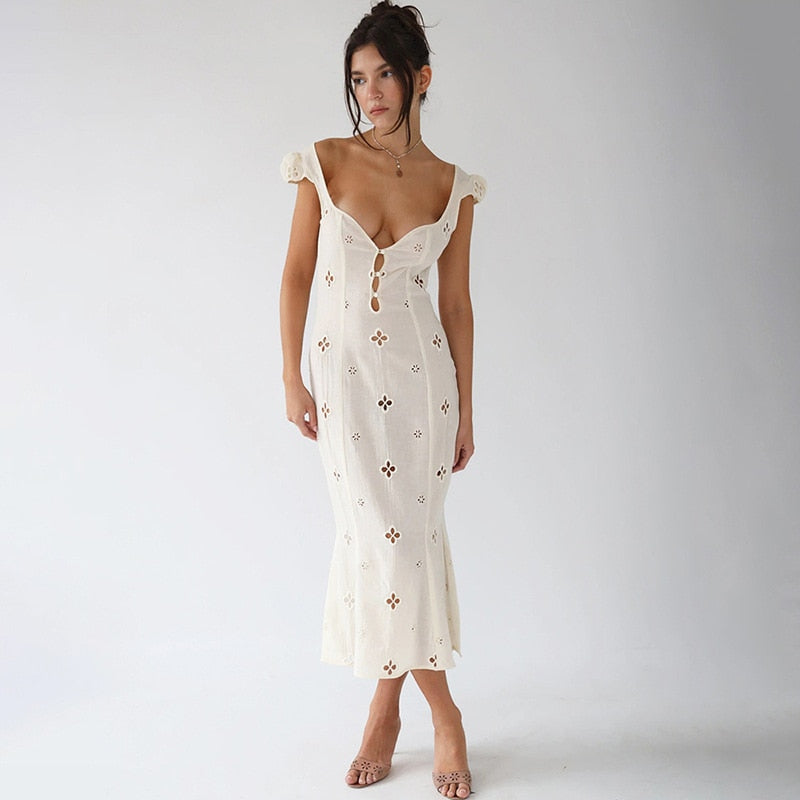 Lizakosht Sexy Hollow Out Midi Dress for Women Summer Elegant Chic V-N Lizakosht Sexy Hollow Out Midi Dress for Women Summer Elegant Chic V-N