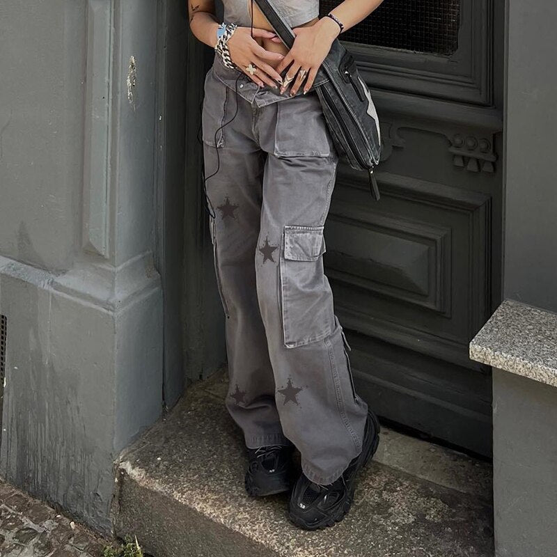 Lizakosht Vintage Women Straight Denim Pants Big Pockets Star Print Long Pants Cargo Trousers Women Retro Hotgirl Grunge Clothes