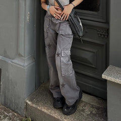 Lizakosht Vintage Women Straight Denim Pants Big Pockets Star Print Long Pants Cargo Trousers Women Retro Hotgirl Grunge Clothes