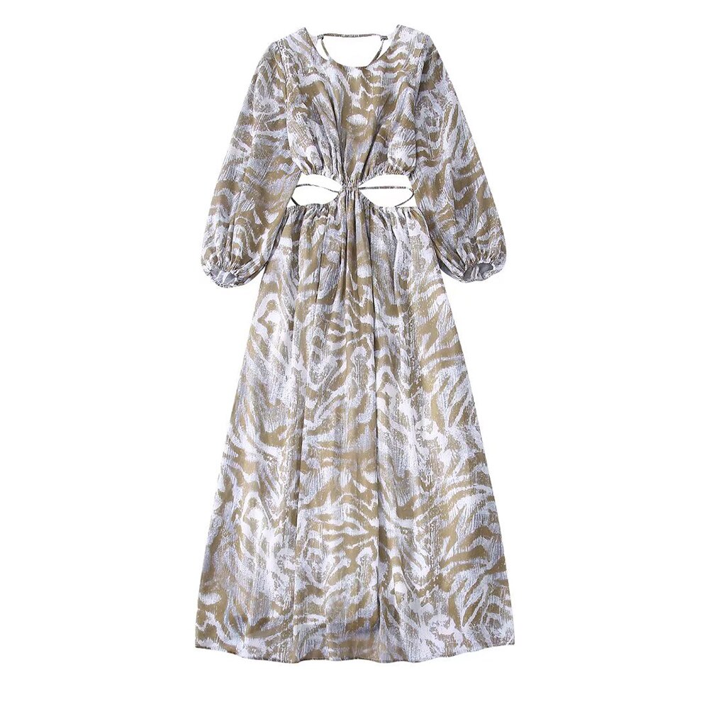 Lizakosht Ladies Fashion Cutout Design Print Dress Long Sleeve Back Cross Strap Backless Fashion Long Dress