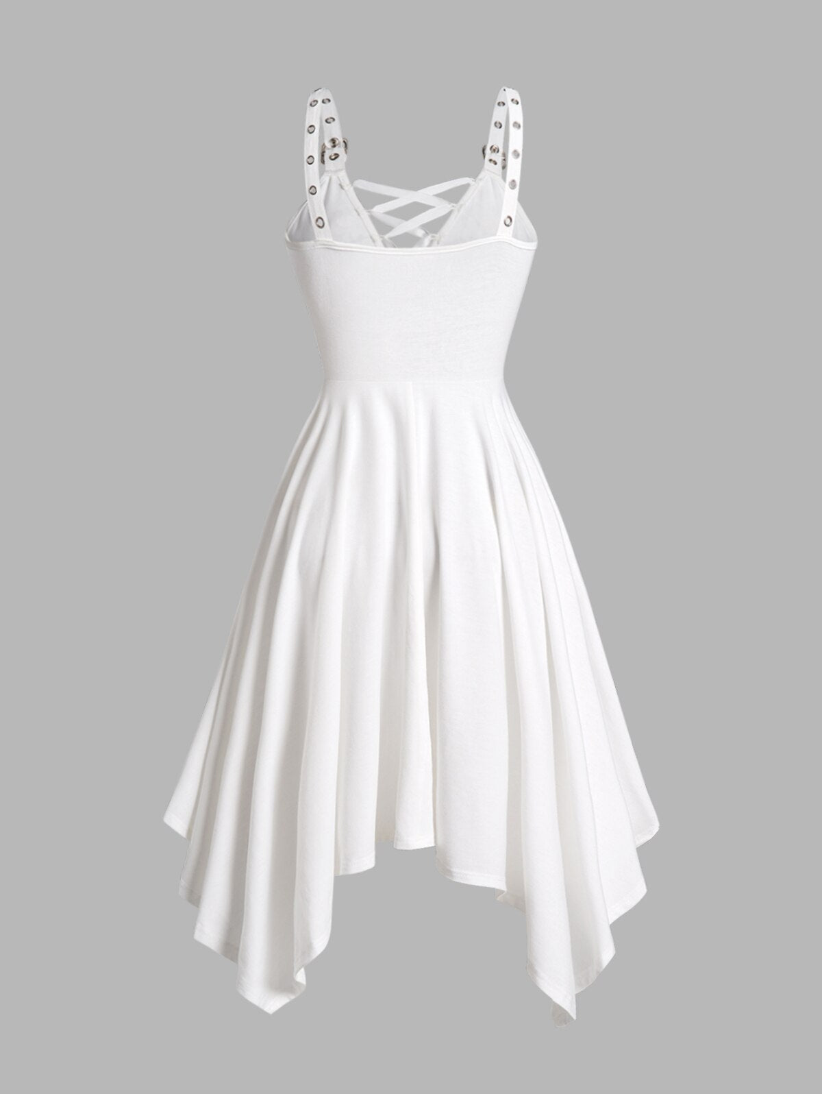 Lizakosht New Asymmetrical Hem Dress Lace Panel Empire Waist Lace Up Grommet Adjustable Strap Midi Dress